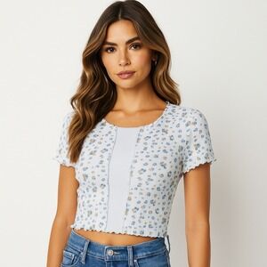 Aeropostale Seriously Soft Baby Tee Womens L Floral‎ Ribbed Lettuce Hem Cropped